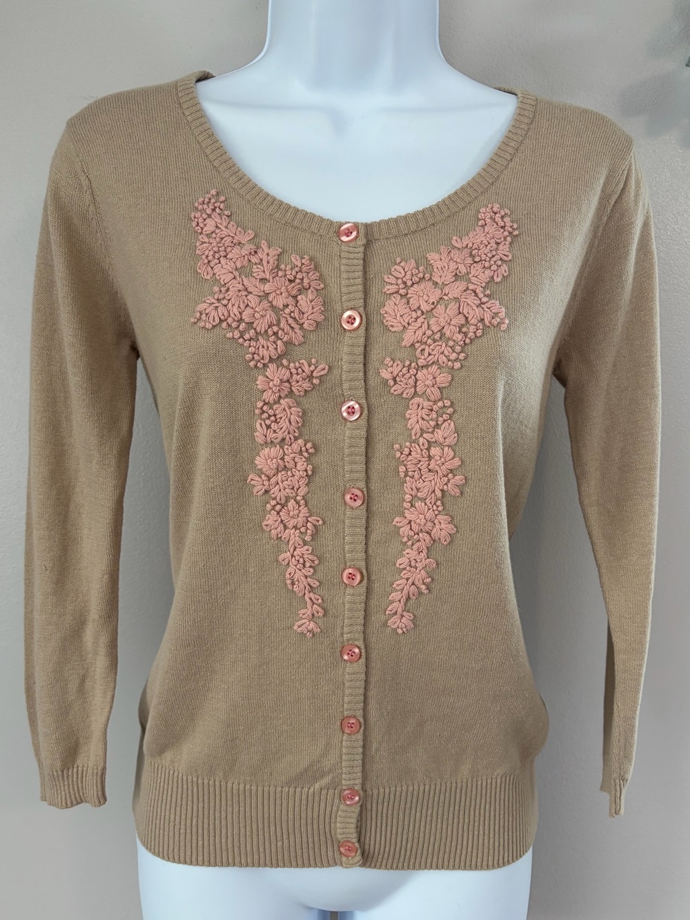 NWOT Aratta Silent Journey- Tan Cardigan with Pink Floral Embroidery